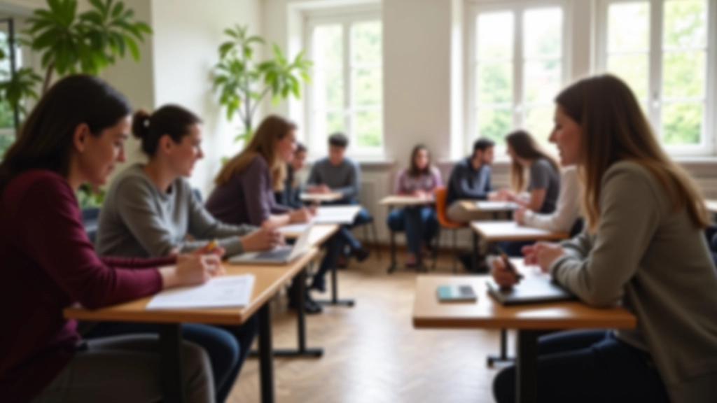 Klaslokaal met studenten die samen aan tafels zitten en Spaans studeren