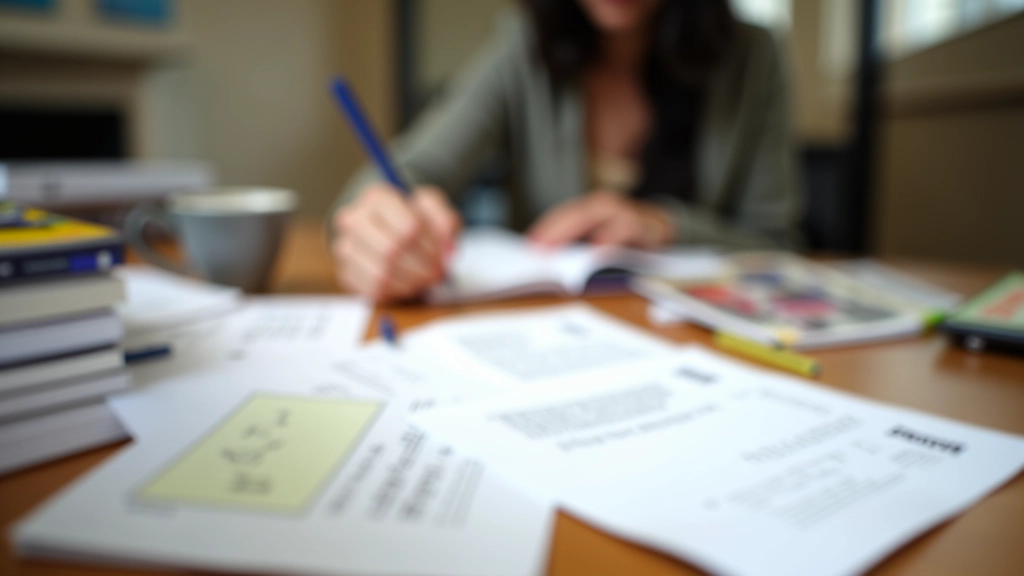 Cursisten bereiden zich voor op het DELE examen met oefenmateriaal en examenpapieren op een studeertafel