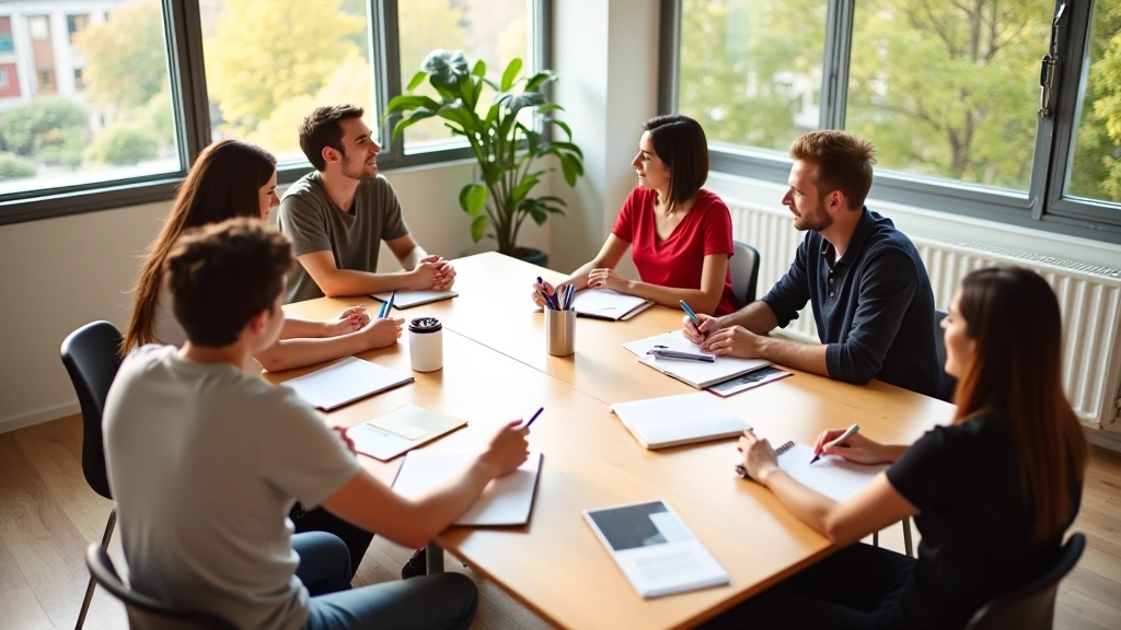 Groep gemengde leeftijden studenten zitten rond tafel met leerboeken en notitieblokken, gelukkig en gefocust