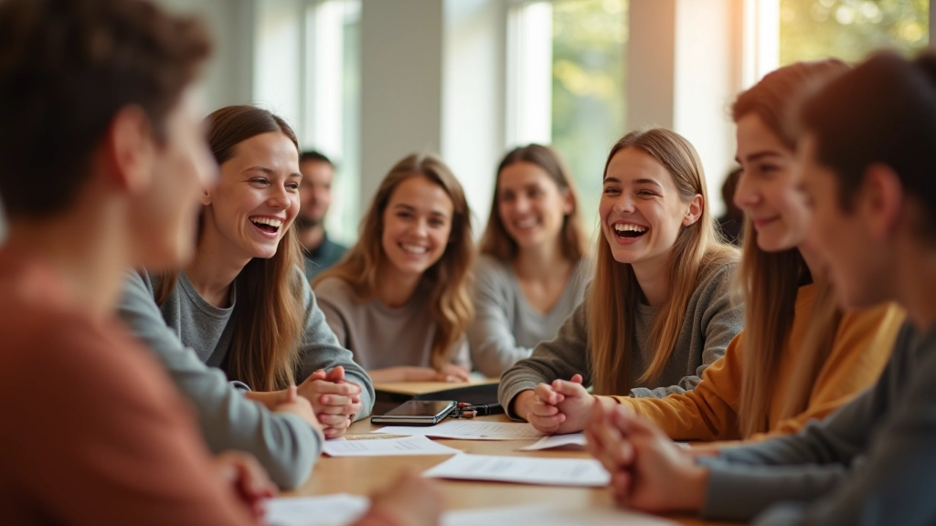 Groep studenten die lachen en spreken in een klaslokaal