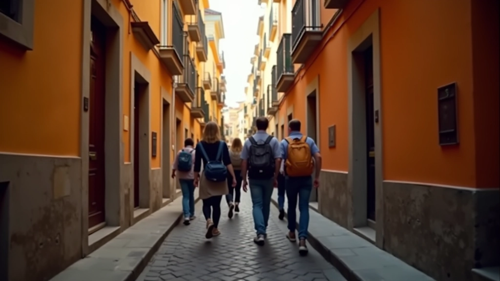 Groep toeristen loopt door historische straatjes van een oude Spaanse stad, ontdekt lokale cultuur