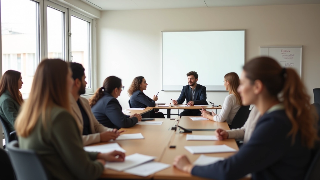 Een gezellige taalklasruimte waar studenten samen Spaans leren