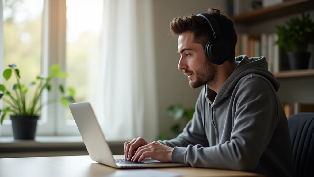 Student zit thuis met laptop en oordopjes, online les volgen in ontspannen omgeving