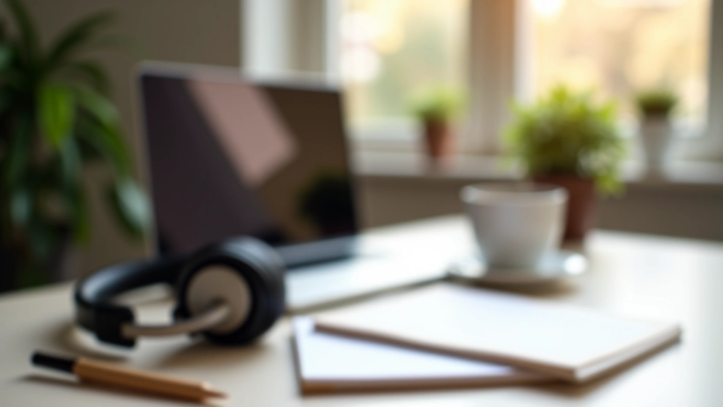 Studieruimte met laptop, notitieboek en koptelefoon voor Spaanse les