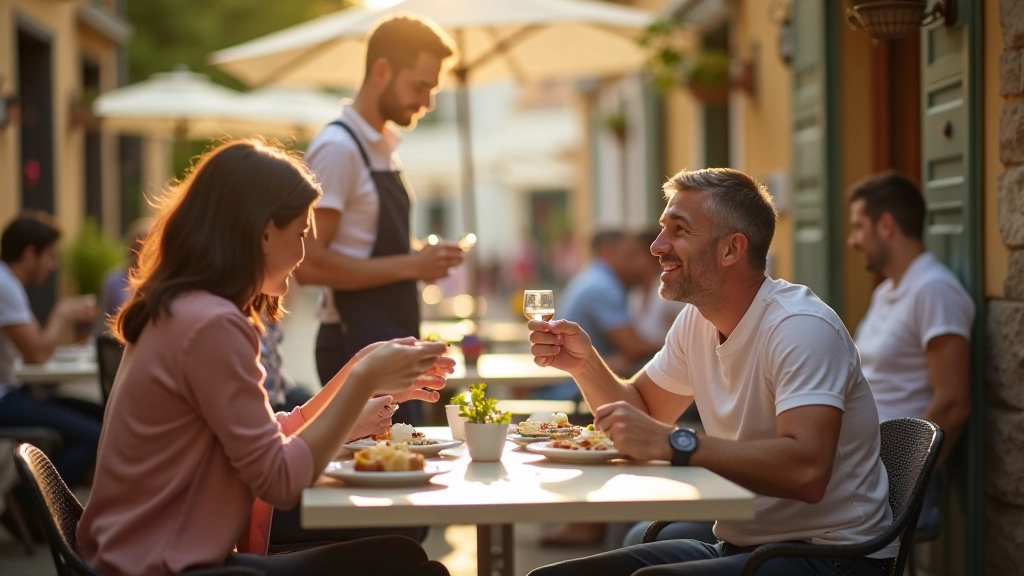 Toeristen bestellen eten in een Spaans restaurant, serveerster neemt bestellingen op, gezellige sfeer