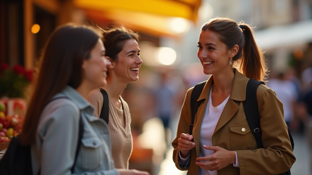 Reizigers praten met locals op een Spaanse markt, drinken koffie en wisselen ervaringen uit in informele setting